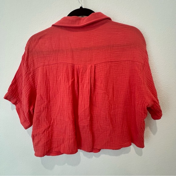 Love Notes Coral Orange Boxy Shirt Size L Button Down 100% Cotton Gauzy Look - Picture 6 of 8